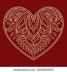 Mehndi flower pattern in form of heart for Henna drawing and tattoo. Decoration in ethnic oriental, Indian style. Valentine's day greetings. Coloring book page.