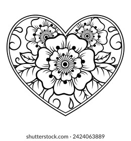 Mehndi flower pattern in form of heart for Henna drawing and tattoo. Decoration in ethnic oriental, Indian style. Valentine's day greetings. Coloring book page.