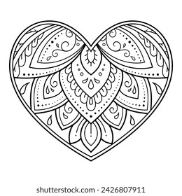 Mehndi Blumenmuster in Form von Herz für Henna Zeichnung und Tattoo. Dekoration im orientalischen, indischen Stil. Valentinstag Grüße. Malbuch-Seite.