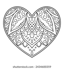 Mehndi flower pattern in form of heart for Henna drawing and tattoo. Decoration in ethnic oriental, Indian style. Valentine's day greetings. Coloring book page.