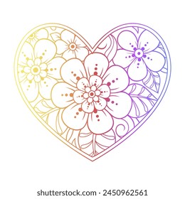 Mehndi flower pattern in form of heart for Henna drawing and tattoo. Decoration in ethnic oriental, Indian style. Valentine's day greetings. Rainbow color pattern on a white background.