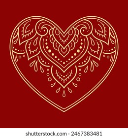 Mehndi flower pattern in form of heart for Henna drawing and tattoo. Decoration in ethnic oriental, Indian style. Valentine's day greetings. Coloring book page.