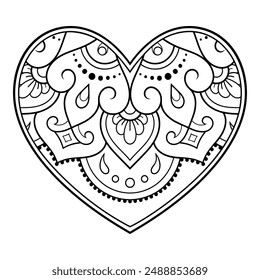 Patrón de flores de Mehndi en forma de corazón para dibujo y tatuaje de Henna. Decoración oriental étnica, estilo indio. Saludos de San Valentín. Página de libro para colorear.