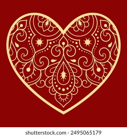 Mehndi flower pattern in form of heart for Henna drawing and tattoo. Decoration in ethnic oriental, Indian style. Valentine's day greetings. Coloring book page.