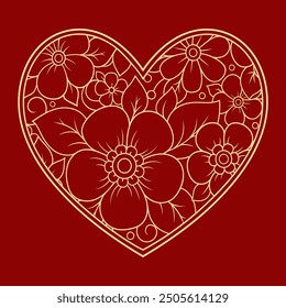 Mehndi flower pattern in form of heart for Henna drawing and tattoo. Decoration in ethnic oriental, Indian style. Valentine's day greetings. Coloring book page.