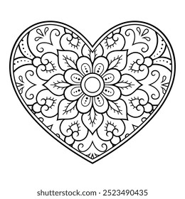 Mehndi flower pattern in form of heart for Henna drawing and tattoo. Decoration in ethnic oriental, Indian style. Valentine's day greetings. Coloring book page.