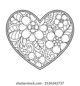 Mehndi flor padrão em forma de coração para Henna desenho e tatuagem. Decoração em estilo étnico oriental, indiano. Saudações do dia dos namorados. Página do livro de cores.