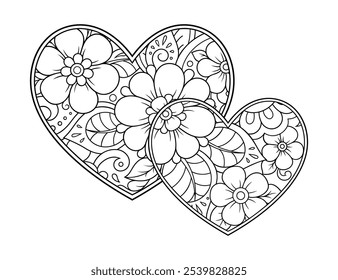 Patrón de flor de Mehndi en forma de corazón para Henna dibujo y tatuaje. Decoración en estilo étnico oriental, indio. Saludos de San Valentín. Página de libro para colorear.