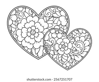 Mehndi flower pattern in form of heart for Henna drawing and tattoo. Decoration in ethnic oriental, Indian style. Valentine's day greetings. Coloring book page.