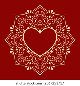 Mehndi flower pattern in form of heart for Henna drawing and tattoo. Decoration in ethnic oriental, Indian style. Valentine's day greetings. Coloring book page.