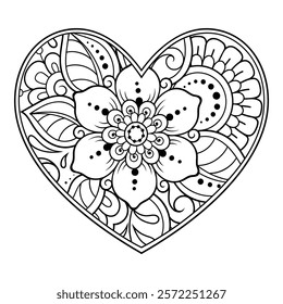 Mehndi flower pattern in form of heart for Henna drawing and tattoo. Decoration in ethnic oriental, Indian style. Valentine's day greetings. Coloring book page.