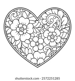 Mehndi flower pattern in form of heart for Henna drawing and tattoo. Decoration in ethnic oriental, Indian style. Valentine's day greetings. Coloring book page.