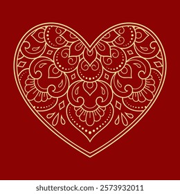 Mehndi flower pattern in form of heart for Henna drawing and tattoo. Decoration in ethnic oriental, Indian style. Valentine's day greetings. Coloring book page.