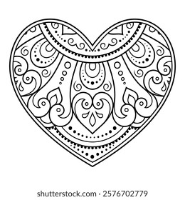 Mehndi flower pattern in form of heart for Henna drawing and tattoo. Decoration in ethnic oriental, Indian style. Valentine's day greetings. Coloring book page.