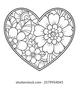 Mehndi flower pattern in form of heart for Henna drawing and tattoo. Decoration in ethnic oriental, Indian style. Valentine's day greetings. Coloring book page.