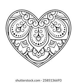 Mehndi flower pattern in form of heart for Henna drawing and tattoo. Decoration in ethnic oriental, Indian style. Valentine's day greetings. Coloring book page.