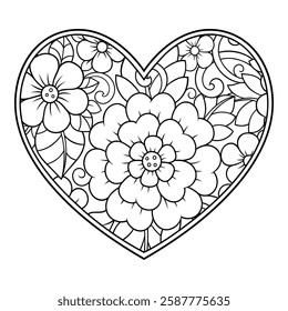 Mehndi flower pattern in form of heart for Henna drawing and tattoo. Decoration in ethnic oriental, Indian style. Valentine's day greetings. Coloring book page.