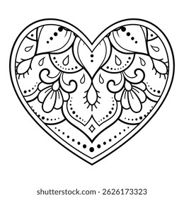 Mehndi flor padrão em forma de coração para Henna desenho e tatuagem. Decoração em estilo étnico oriental, indiano. Saudações do dia dos namorados. Página do livro de cores.
