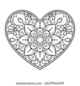 Mehndi flor padrão em forma de coração para Henna desenho e tatuagem. Decoração em estilo étnico oriental, indiano. Saudações do dia dos namorados. Página do livro de cores.