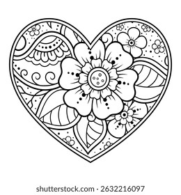 Mehndi flor padrão em forma de coração para Henna desenho e tatuagem. Decoração em estilo étnico oriental, indiano. Saudações do dia dos namorados. Página do livro de cores.