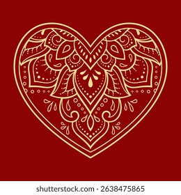 Mehndi flower pattern in form of heart for Henna drawing and tattoo. Decoration in ethnic oriental, Indian style. Valentine's day greetings. Coloring book page.