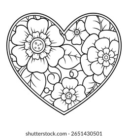 Mehndi flower pattern in form of heart for Henna drawing and tattoo. Decoration in ethnic oriental, Indian style. Valentine's day greetings. Coloring book page.