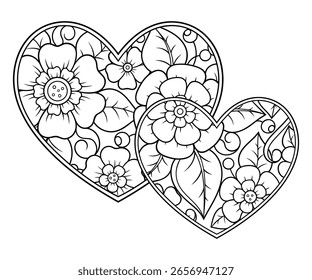 Mehndi flower pattern in form of heart for Henna drawing and tattoo. Decoration in ethnic oriental, Indian style. Valentine's day greetings. Coloring book page.