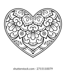 Mehndi flower pattern in form of heart for Henna drawing and tattoo. Decoration in ethnic oriental, Indian style. Valentine's day greetings. Coloring book page.
