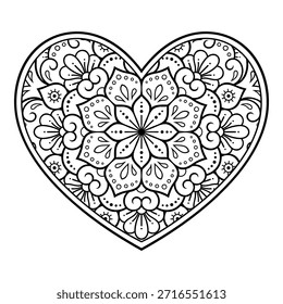 Patrón de flor de Mehndi en forma de corazón para Henna dibujo y tatuaje. Decoración en estilo étnico oriental, indio. Saludos de San Valentín. Página de libro para colorear.
