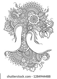 Mehndi flower pattern in form of tree for Henna drawing and tattoo. Decoration in ethnic oriental, Indian style.