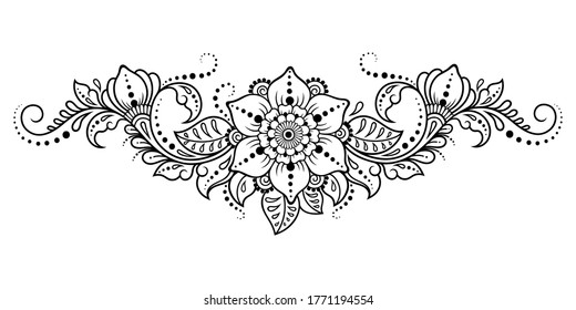 Mehndi flower pattern for Henna drawing and tattoo. Decoration in ethnic oriental, Indian style. Doodle ornament. Outline hand draw vector illustration.