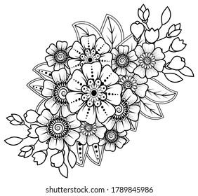 Patrón de flores de Mehndi para el dibujo y tatuaje de Henna. Decoración de estilo étnico oriental, indio.