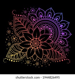 Mehndi flower pattern for Henna drawing and tattoo. Decoration in ethnic oriental, Indian style. Doodle ornament. Outline hand draw vector illustration. Rainbow design on black background.