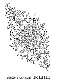 Mehndi flower pattern for Henna drawing and tattoo. Decoration in ethnic oriental, Indian style. Doodle ornament. Outline hand draw vector illustration.