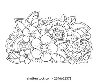 Mehndi flower pattern for Henna drawing and tattoo. Decoration in ethnic oriental, Indian style. Doodle ornament. Outline hand draw vector illustration.