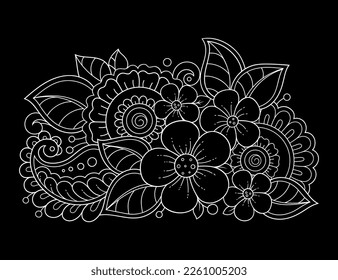 Mehndi flower pattern for Henna drawing and tattoo. Decoration in ethnic oriental, Indian style. Doodle ornament. Outline hand draw vector illustration.