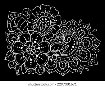Mehndi flower pattern for Henna drawing and tattoo. Decoration in ethnic oriental, Indian style. Doodle ornament. Outline hand draw vector illustration.