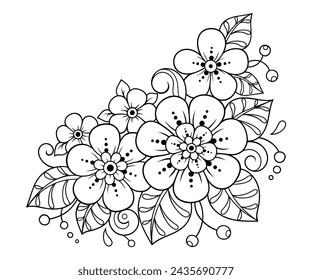 Mehndi flower pattern for Henna drawing and tattoo. Decoration in ethnic oriental, Indian style. Doodle ornament. Outline hand draw vector illustration.