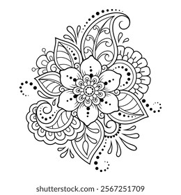 Mehndi flower pattern for Henna drawing and tattoo. Decoration in ethnic oriental, Indian style. Doodle ornament. Outline hand draw vector illustration.