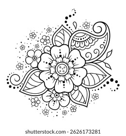 Mehndi flor padrão para Henna desenho e tatuagem. Decoração em estilo étnico oriental, indiano. Doodle ornamento. Ilustração vetorial de desenho à mão do contorno.