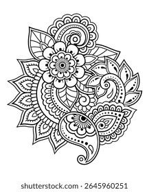 Patrón de flor de Mehndi para Henna dibujo y tatuaje. Decoración en estilo étnico oriental, indio. Ornamento de Doodle. Esquema de la Ilustración vectorial de dibujo a mano.