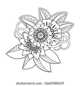 Mehndi Blumenmuster für Henna Zeichnung und Tätowierung. Dekoration im orientalisch-indischen Stil. Doodle-Ornament. Kontur handgezeichnete Vektorgrafik.