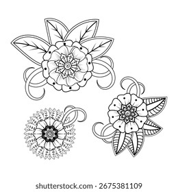 Patrón de flor de Mehndi para Henna dibujo y tatuaje. Decoración en estilo indio oriental étnico. Ornamento de Doodle. Esquema de la Ilustración vectorial de dibujo a mano.