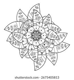 Mehndi Blumenmuster für Henna Zeichnung und Tätowierung. Dekoration im orientalisch-indischen Stil. Doodle-Ornament. Kontur handgezeichnete Vektorgrafik.