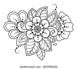 Mehndi flower pattern and mandala for Henna drawing and tattoo. Decoration in ethnic oriental, Indian style. Doodle ornament. Outline hand draw vector illustration.
