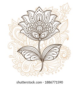 Patrón de flores de Mehndi y mandala para el dibujo y tatuaje de Henna. Decoración de estilo étnico oriental, indio. Ornamento de perro. Ilustración vectorial de dibujo manual de contorno.