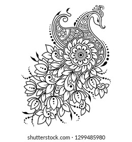 Mehndi flower pattern with peacock for Henna drawing and tattoo. Decoration in ethnic oriental, Indian style.