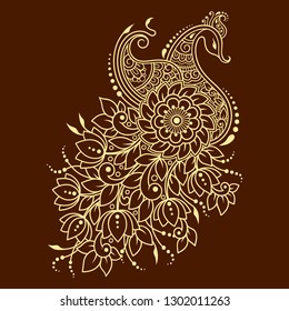 Mehndi flower pattern with peacock for Henna drawing and tattoo. Decoration in ethnic oriental, Indian style.