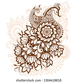 Mehndi flower pattern with peacock for Henna drawing and tattoo. Decoration in ethnic oriental, Indian style.