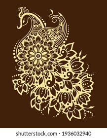 Mehndi flower pattern with peacock for Henna drawing and tattoo. Decoration in ethnic oriental, Indian style. Doodle ornament. Outline hand draw vector illustration.